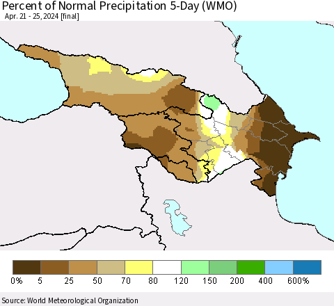Azerbaijan, Armenia and Georgia Percent of Normal Precipitation 5-Day (WMO) Thematic Map For 4/21/2024 - 4/25/2024