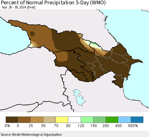 Azerbaijan, Armenia and Georgia Percent of Normal Precipitation 5-Day (WMO) Thematic Map For 4/26/2024 - 4/30/2024