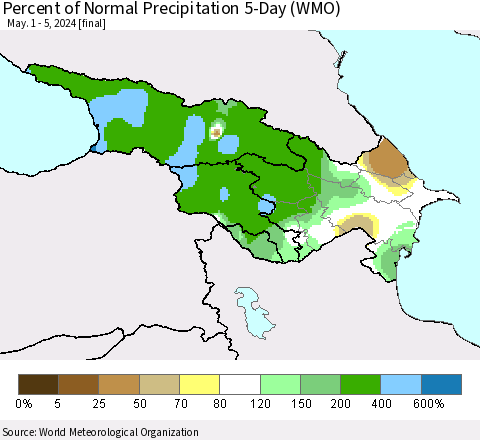 Azerbaijan, Armenia and Georgia Percent of Normal Precipitation 5-Day (WMO) Thematic Map For 5/1/2024 - 5/5/2024