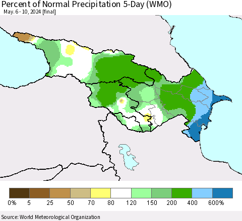 Azerbaijan, Armenia and Georgia Percent of Normal Precipitation 5-Day (WMO) Thematic Map For 5/6/2024 - 5/10/2024