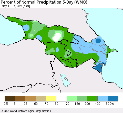 Azerbaijan, Armenia and Georgia Percent of Normal Precipitation 5-Day (WMO) Thematic Map For 5/11/2024 - 5/15/2024