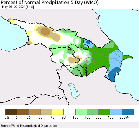 Azerbaijan, Armenia and Georgia Percent of Normal Precipitation 5-Day (WMO) Thematic Map For 5/16/2024 - 5/20/2024