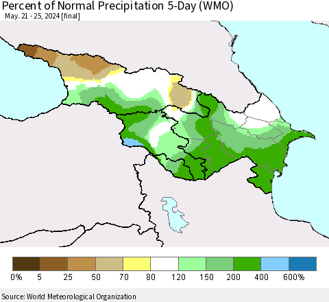 Azerbaijan, Armenia and Georgia Percent of Normal Precipitation 5-Day (WMO) Thematic Map For 5/21/2024 - 5/25/2024