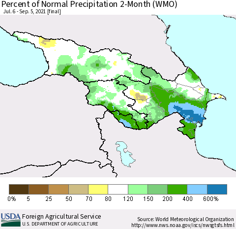 Azerbaijan, Armenia and Georgia Percent of Normal Precipitation 2-Month (WMO) Thematic Map For 7/6/2021 - 9/5/2021