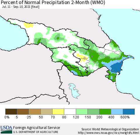 Azerbaijan, Armenia and Georgia Percent of Normal Precipitation 2-Month (WMO) Thematic Map For 7/11/2021 - 9/10/2021