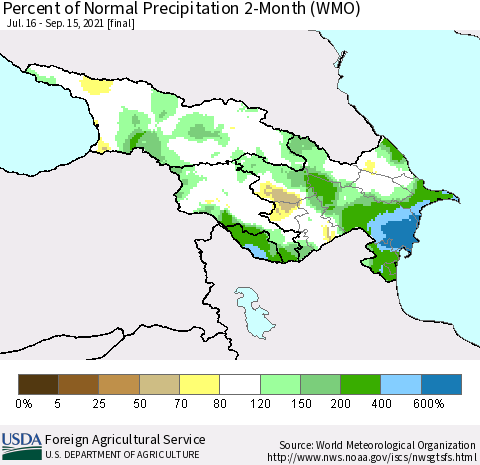 Azerbaijan, Armenia and Georgia Percent of Normal Precipitation 2-Month (WMO) Thematic Map For 7/16/2021 - 9/15/2021
