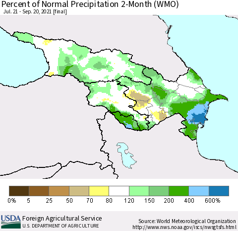 Azerbaijan, Armenia and Georgia Percent of Normal Precipitation 2-Month (WMO) Thematic Map For 7/21/2021 - 9/20/2021