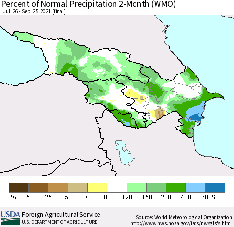 Azerbaijan, Armenia and Georgia Percent of Normal Precipitation 2-Month (WMO) Thematic Map For 7/26/2021 - 9/25/2021