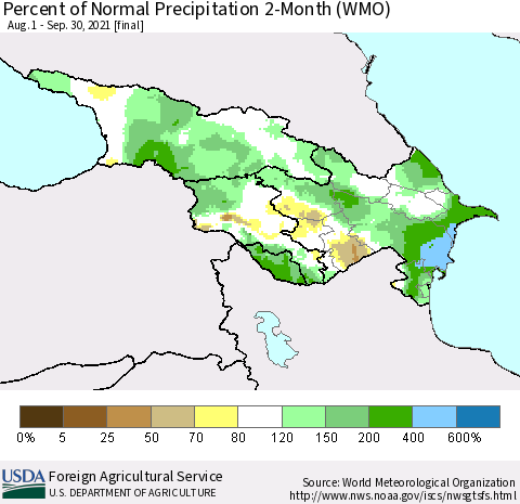 Azerbaijan, Armenia and Georgia Percent of Normal Precipitation 2-Month (WMO) Thematic Map For 8/1/2021 - 9/30/2021