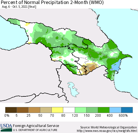 Azerbaijan, Armenia and Georgia Percent of Normal Precipitation 2-Month (WMO) Thematic Map For 8/6/2021 - 10/5/2021