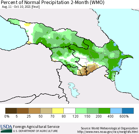 Azerbaijan, Armenia and Georgia Percent of Normal Precipitation 2-Month (WMO) Thematic Map For 8/11/2021 - 10/10/2021