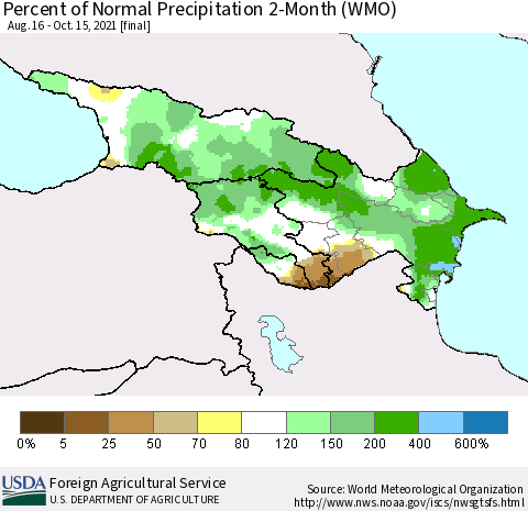 Azerbaijan, Armenia and Georgia Percent of Normal Precipitation 2-Month (WMO) Thematic Map For 8/16/2021 - 10/15/2021