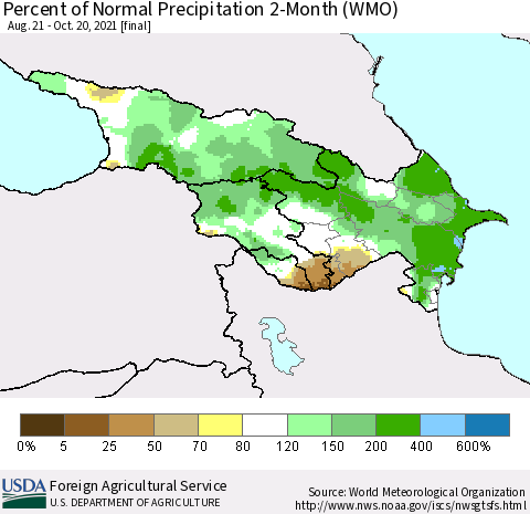 Azerbaijan, Armenia and Georgia Percent of Normal Precipitation 2-Month (WMO) Thematic Map For 8/21/2021 - 10/20/2021