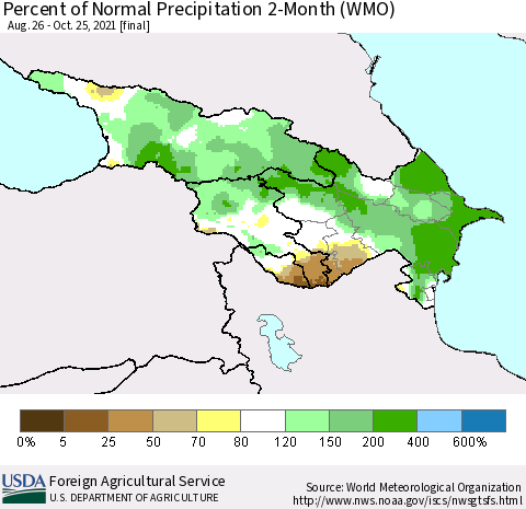 Azerbaijan, Armenia and Georgia Percent of Normal Precipitation 2-Month (WMO) Thematic Map For 8/26/2021 - 10/25/2021