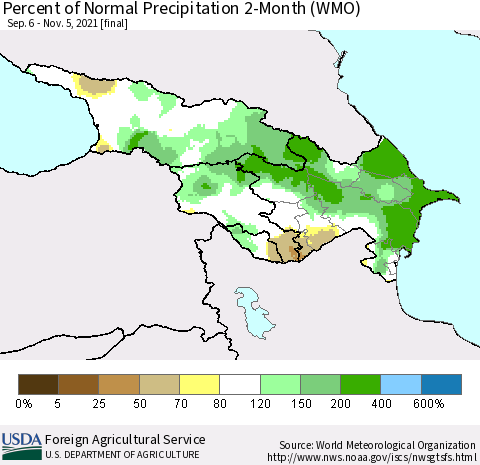 Azerbaijan, Armenia and Georgia Percent of Normal Precipitation 2-Month (WMO) Thematic Map For 9/6/2021 - 11/5/2021