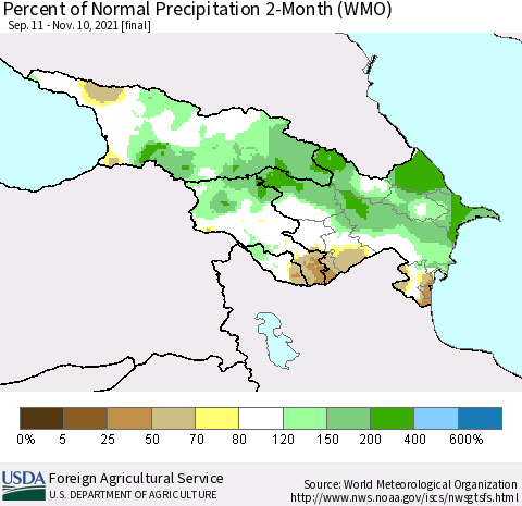 Azerbaijan, Armenia and Georgia Percent of Normal Precipitation 2-Month (WMO) Thematic Map For 9/11/2021 - 11/10/2021