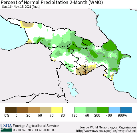 Azerbaijan, Armenia and Georgia Percent of Normal Precipitation 2-Month (WMO) Thematic Map For 9/16/2021 - 11/15/2021