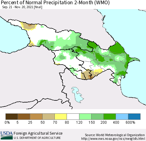 Azerbaijan, Armenia and Georgia Percent of Normal Precipitation 2-Month (WMO) Thematic Map For 9/21/2021 - 11/20/2021