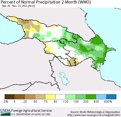 Azerbaijan, Armenia and Georgia Percent of Normal Precipitation 2-Month (WMO) Thematic Map For 9/26/2021 - 11/25/2021