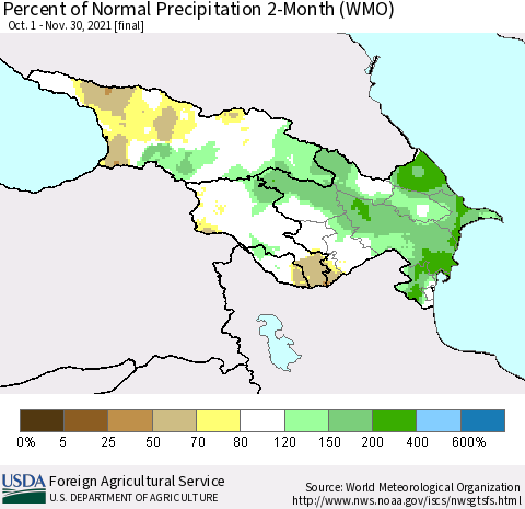Azerbaijan, Armenia and Georgia Percent of Normal Precipitation 2-Month (WMO) Thematic Map For 10/1/2021 - 11/30/2021