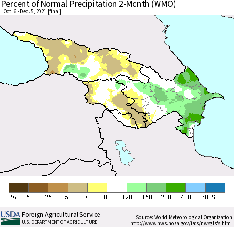Azerbaijan, Armenia and Georgia Percent of Normal Precipitation 2-Month (WMO) Thematic Map For 10/6/2021 - 12/5/2021