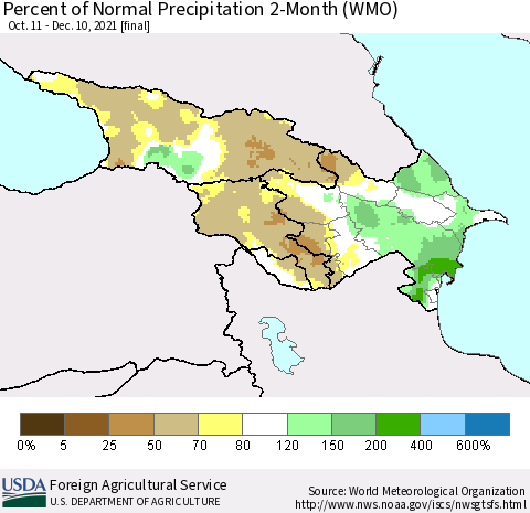 Azerbaijan, Armenia and Georgia Percent of Normal Precipitation 2-Month (WMO) Thematic Map For 10/11/2021 - 12/10/2021