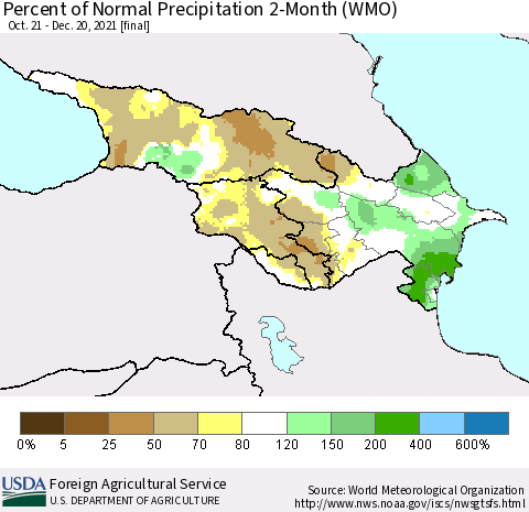 Azerbaijan, Armenia and Georgia Percent of Normal Precipitation 2-Month (WMO) Thematic Map For 10/21/2021 - 12/20/2021