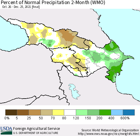 Azerbaijan, Armenia and Georgia Percent of Normal Precipitation 2-Month (WMO) Thematic Map For 10/26/2021 - 12/25/2021