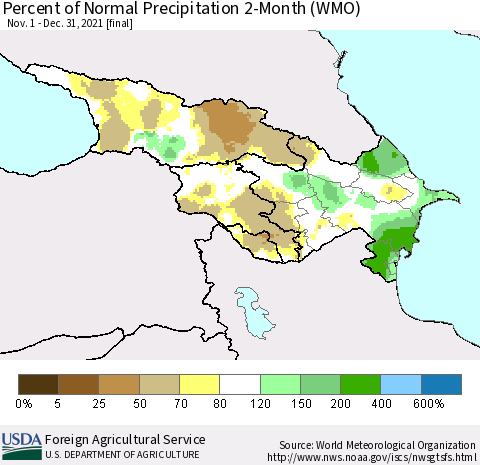 Azerbaijan, Armenia and Georgia Percent of Normal Precipitation 2-Month (WMO) Thematic Map For 11/1/2021 - 12/31/2021