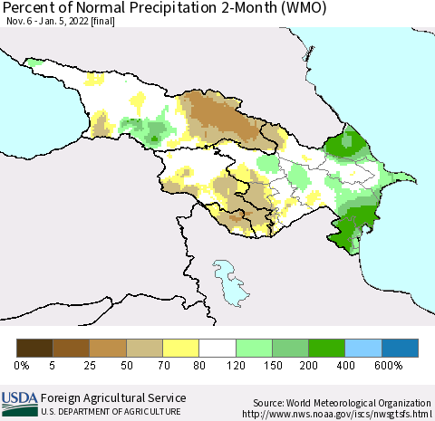 Azerbaijan, Armenia and Georgia Percent of Normal Precipitation 2-Month (WMO) Thematic Map For 11/6/2021 - 1/5/2022
