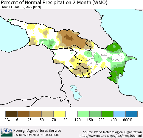 Azerbaijan, Armenia and Georgia Percent of Normal Precipitation 2-Month (WMO) Thematic Map For 11/11/2021 - 1/10/2022