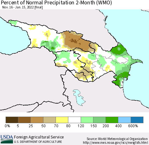 Azerbaijan, Armenia and Georgia Percent of Normal Precipitation 2-Month (WMO) Thematic Map For 11/16/2021 - 1/15/2022
