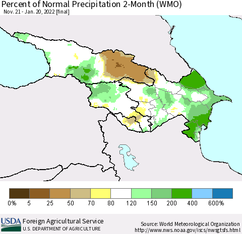 Azerbaijan, Armenia and Georgia Percent of Normal Precipitation 2-Month (WMO) Thematic Map For 11/21/2021 - 1/20/2022