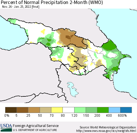 Azerbaijan, Armenia and Georgia Percent of Normal Precipitation 2-Month (WMO) Thematic Map For 11/26/2021 - 1/25/2022