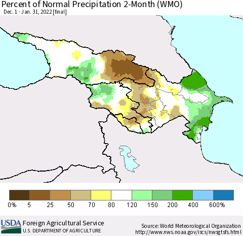 Azerbaijan, Armenia and Georgia Percent of Normal Precipitation 2-Month (WMO) Thematic Map For 12/1/2021 - 1/31/2022