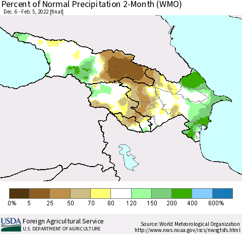 Azerbaijan, Armenia and Georgia Percent of Normal Precipitation 2-Month (WMO) Thematic Map For 12/6/2021 - 2/5/2022