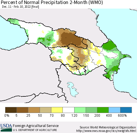 Azerbaijan, Armenia and Georgia Percent of Normal Precipitation 2-Month (WMO) Thematic Map For 12/11/2021 - 2/10/2022