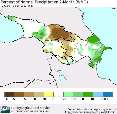 Azerbaijan, Armenia and Georgia Percent of Normal Precipitation 2-Month (WMO) Thematic Map For 12/16/2021 - 2/15/2022
