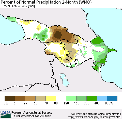 Azerbaijan, Armenia and Georgia Percent of Normal Precipitation 2-Month (WMO) Thematic Map For 12/21/2021 - 2/20/2022