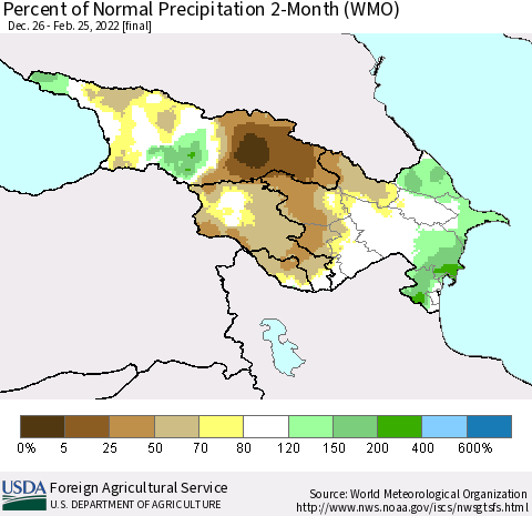 Azerbaijan, Armenia and Georgia Percent of Normal Precipitation 2-Month (WMO) Thematic Map For 12/26/2021 - 2/25/2022