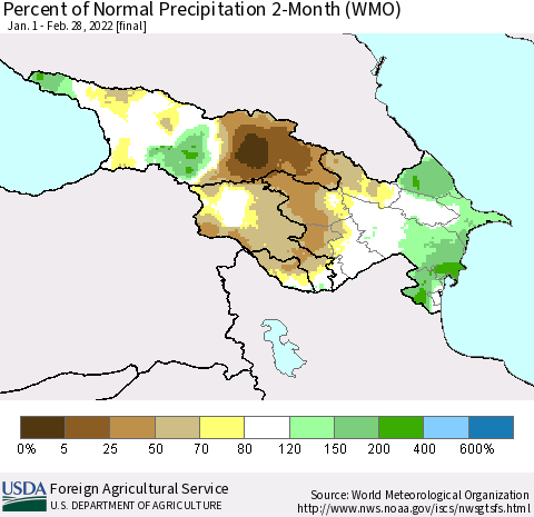 Azerbaijan, Armenia and Georgia Percent of Normal Precipitation 2-Month (WMO) Thematic Map For 1/1/2022 - 2/28/2022