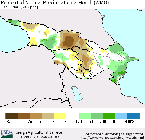 Azerbaijan, Armenia and Georgia Percent of Normal Precipitation 2-Month (WMO) Thematic Map For 1/6/2022 - 3/5/2022