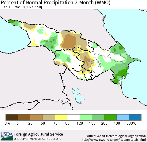 Azerbaijan, Armenia and Georgia Percent of Normal Precipitation 2-Month (WMO) Thematic Map For 1/11/2022 - 3/10/2022