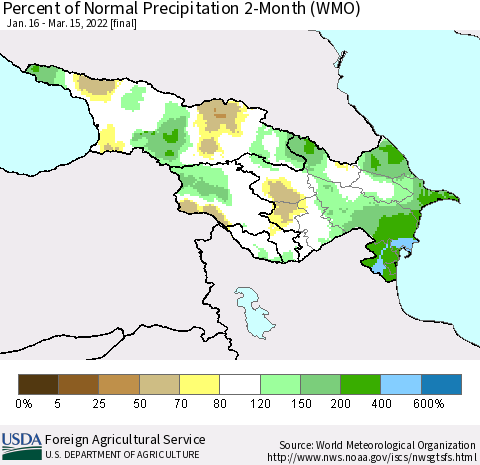 Azerbaijan, Armenia and Georgia Percent of Normal Precipitation 2-Month (WMO) Thematic Map For 1/16/2022 - 3/15/2022