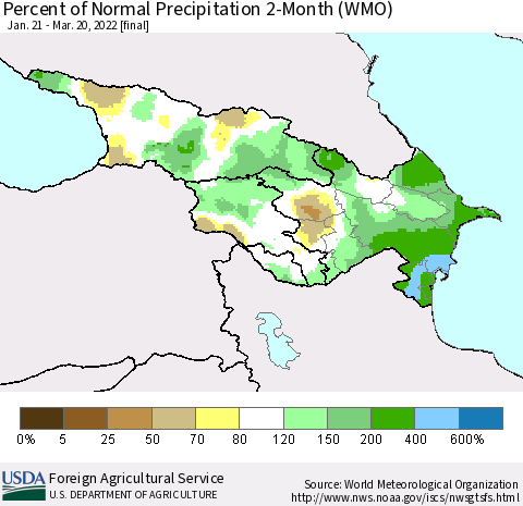 Azerbaijan, Armenia and Georgia Percent of Normal Precipitation 2-Month (WMO) Thematic Map For 1/21/2022 - 3/20/2022
