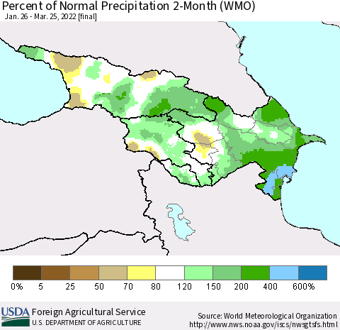 Azerbaijan, Armenia and Georgia Percent of Normal Precipitation 2-Month (WMO) Thematic Map For 1/26/2022 - 3/25/2022