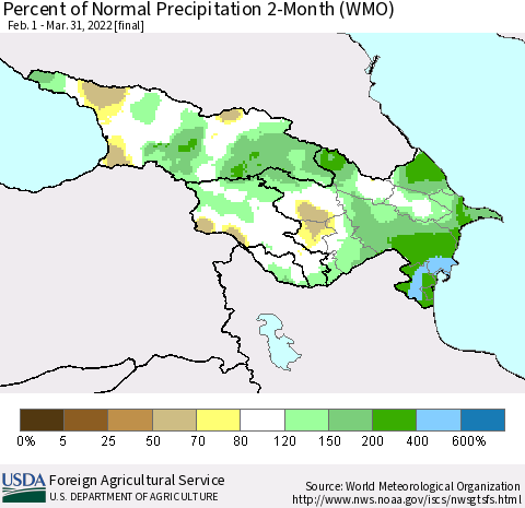Azerbaijan, Armenia and Georgia Percent of Normal Precipitation 2-Month (WMO) Thematic Map For 2/1/2022 - 3/31/2022