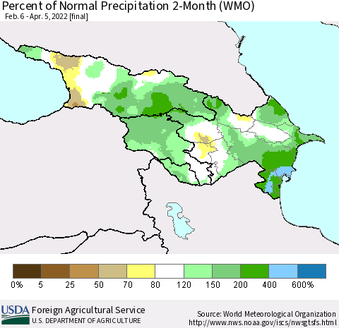 Azerbaijan, Armenia and Georgia Percent of Normal Precipitation 2-Month (WMO) Thematic Map For 2/6/2022 - 4/5/2022