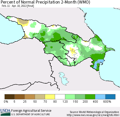 Azerbaijan, Armenia and Georgia Percent of Normal Precipitation 2-Month (WMO) Thematic Map For 2/11/2022 - 4/10/2022