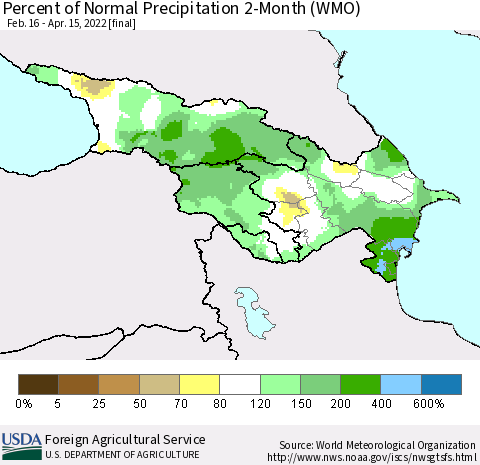 Azerbaijan, Armenia and Georgia Percent of Normal Precipitation 2-Month (WMO) Thematic Map For 2/16/2022 - 4/15/2022